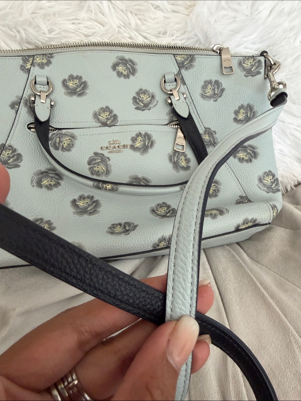 Coach Light Blue Floral Leather Tote with Silver Hardware - Picture 5 of 6